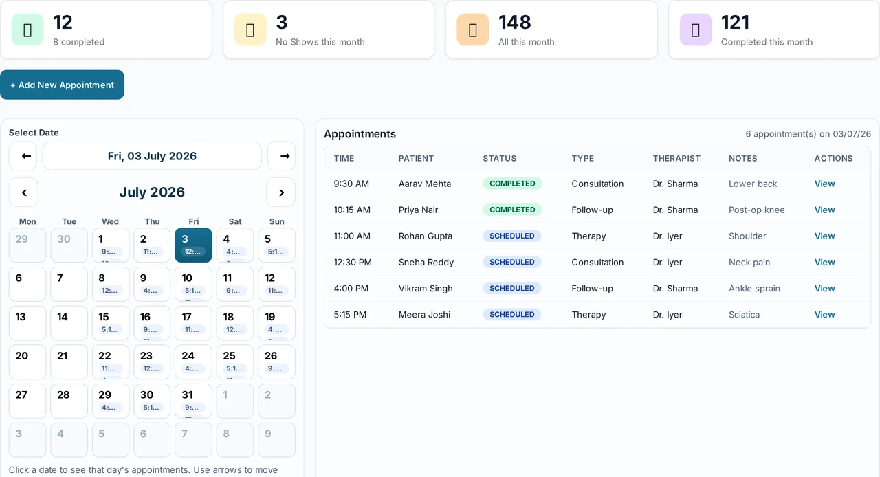 Appointments calendar and day scheduler in the clinic management app